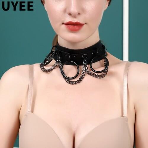 UYEE Sexy Women Leather Harness Chain Choker Necklace Goth Punk Harajuku Bondage Collar BDSM Game Wearing Erotic Accessories
