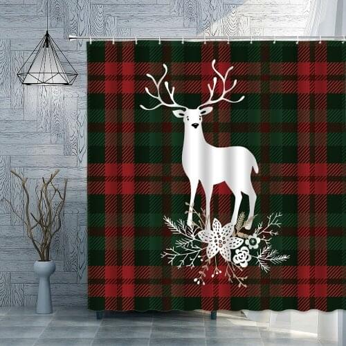 Red Plaid Shower Curtains Christmas Elk Pattern Happy New Year Waterproof Polyester Cloth Bathroom Bath Curtain Decoration Xmas
