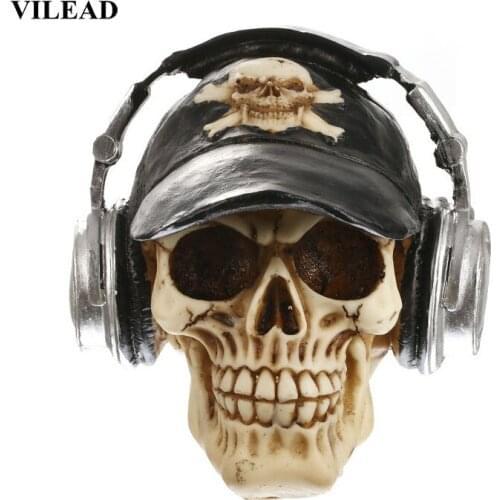 VILEAD 13.5cm Resin Craft Statues Skull Wearing Headphones Home Office Accessories Music Bar Decoration Creative Skull Ornament