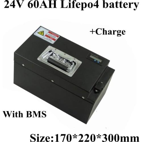 Steel Case 24V 60Ah Lifepo4 Lithium Battery Pack with BMS 8S for Solar System Boat Scooter Backup Power Supply +5A Charger