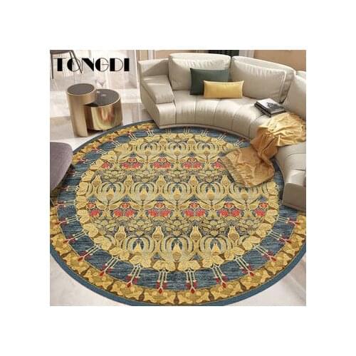 TONGDI Rural Retro Round Carpet Anti-skid Modern Elegant Artistic Print Mat Soft Rug Luxury Decor For Home LivingRoom Bedroom