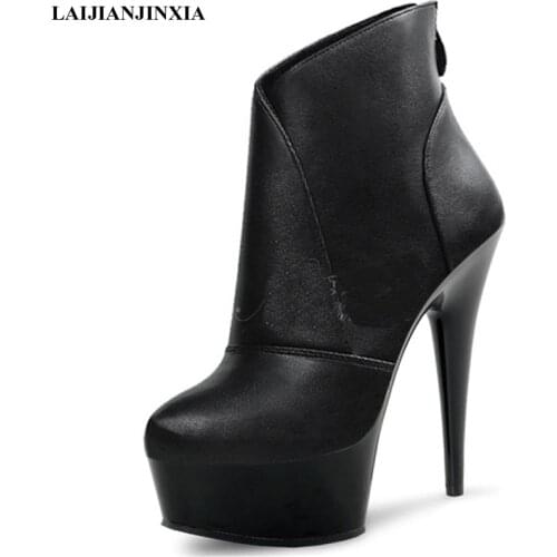 LAIJIANJINXIA New 15 cm High Heels Fashion Round Toe Women Boots Sexy Ankle Boots Party Model Pole Dancing Shoes Work Boots
