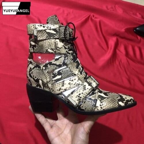 Runway High Heels Hollow Out Ankle Boots Women Summer Snake Print Shoes Sexy Chunky Heel Pointed Toe Lace Up Sandals Plus Size