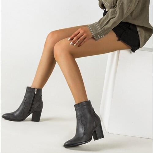 Women 2021 Fashion Ankle Boots Pointed Toe Low Square Heel Boots Autumn/Winter Zipper Shoes PU Boots Ladiess Fashion Shoes