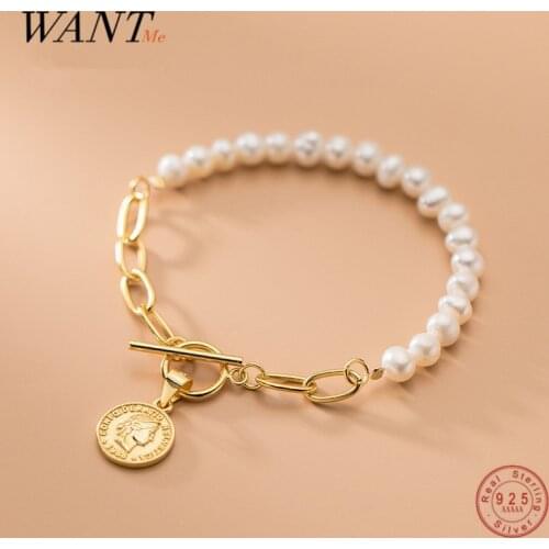 WANTME Genuine 925 Sterling Silver Korean Round Brand Portrait Baroque Pearl Charm Link Chain Bracelet for Women Punk Jewelry