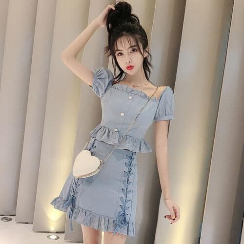 2020 New Summer Women Clothing Suit Fashion Solid Color Slash Neck Short Sleeved Shirt Tops + High Waist Skirt 2 Pieces Set Z125