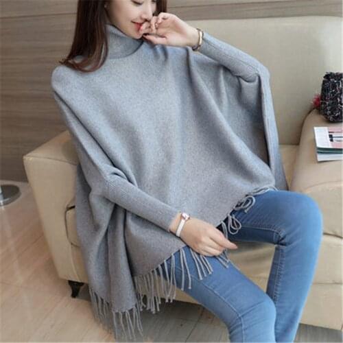 2020 Women Spring Autumn Knitted Sweater Poncho Coat Solid Elegant Pullover Female Jumper Irregular Tassel Hem Cape Cloak Pull