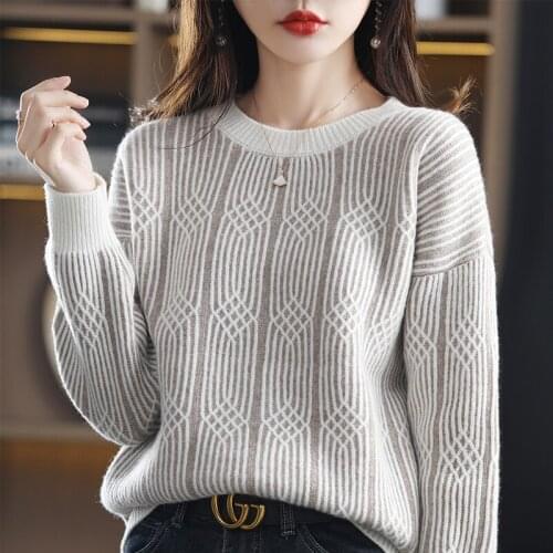 Autumn and winter new thickened cashmere sweater womens round neck color blocking vertical sweater loose 100% pure wool knitted