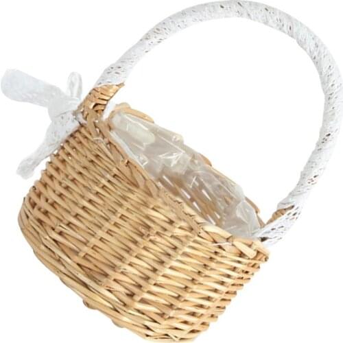 1PC Woven Flower Basket Rattan Storage Basket Flower Girl Hand Basket Handmade Flower Basket With Bow