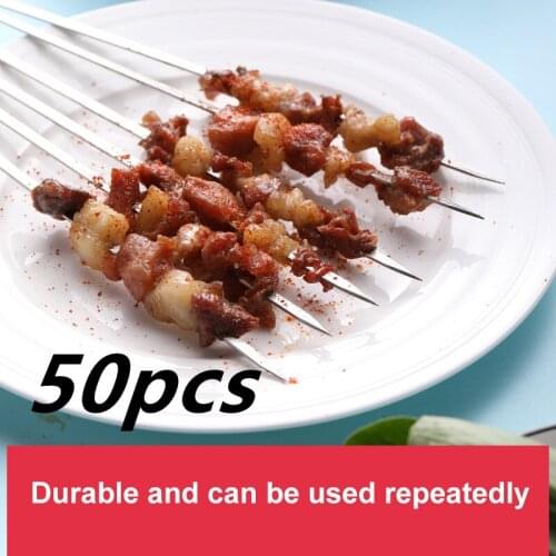50pcs Barbecue Skewers Reusable Flat Stainless Steel Barbecue Skewers BBQ Needle Stick For Outdoor Camping Picnic Accessories
