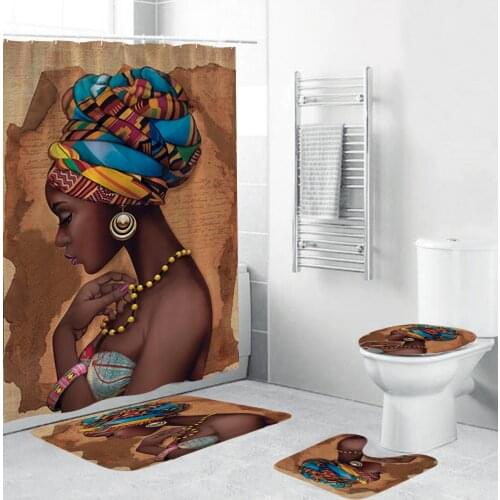 African American Women Shower Curtains Polyester Waterproof Afro Bathroom Curtain Set Anti-skid Rugs Toilet Lid Cover Bath Mat