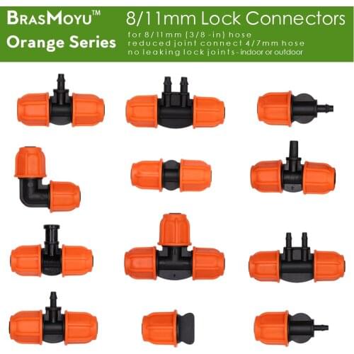 BRASMOYU Orange 3/8'' Lock Watering Connector Garden Micro Irrigation Adapter 3/5mm 4/7mm 6.0mm Reduced Tee Elbow Shut Connector