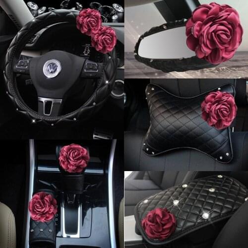 Wine Red Rose Flower Car Seat Interior Accessories Leather Steering Wheel Cover Auto Handbrake Shifter Cover Seat Belt Cover