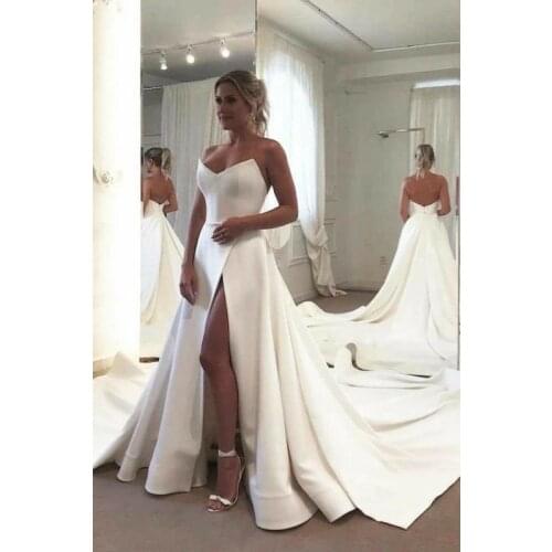 VKBRIDAL A-Line Long Satin Wedding Dresses with Pockets V-Neck Sweep Train Bridal Dresses Backless Vestido De Noiva Bridal Gowns