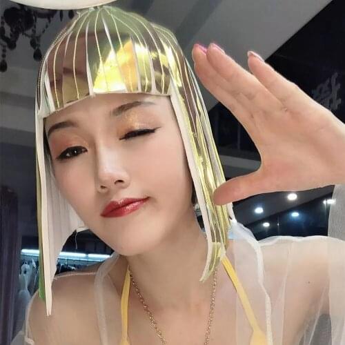 Gold Silver Mirror Wig Headgear Female Singer Stage Performance Accessories Nightclub DJ Dancer Wig Ornament Party Dance Wear