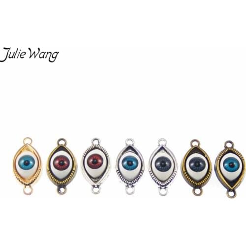 Julie Wang 6PCS Wholesale Multi Color Mixed 3D Evil Eye Pendant Charms Two Hole Connector Lucky Jewelry Necklace Bracelet Making