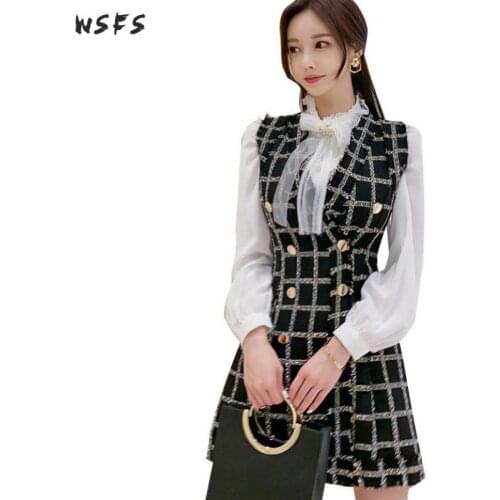 2 Piece Set Spring Dress White Shirt Tops Bandage Bodycon Women Dresses Black White Plaid Vest Skirt Sexy Party Korean Clothes