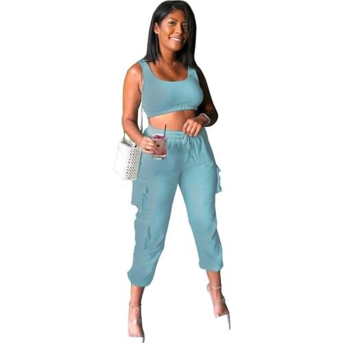Two piece set women cropped tank top+cargo pants matching sets wholesale items Solid black green white womens loungewear set