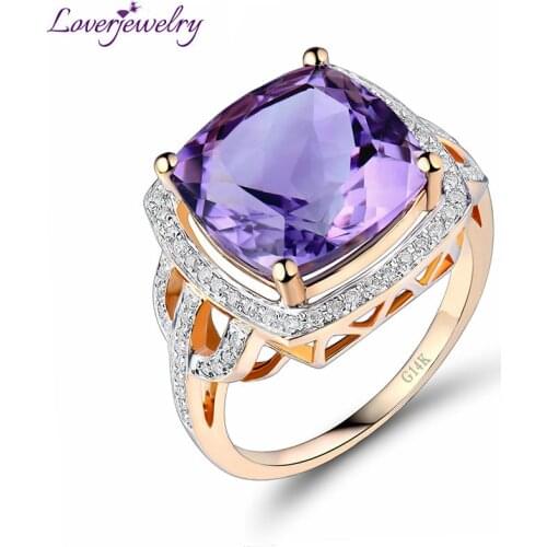 LOVERJEWELRY Amethyst Rings Cushion 12x12mm Gemstone Solid 14Kt Yellow Gold Diamond Purple Amethyst Engagement Ring For Women