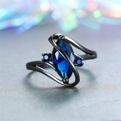 Cute Male Female Blue Geometric Ring Vintage Black Gold Wedding Rings Unqiue Style Promise Men Women Engagement Ring