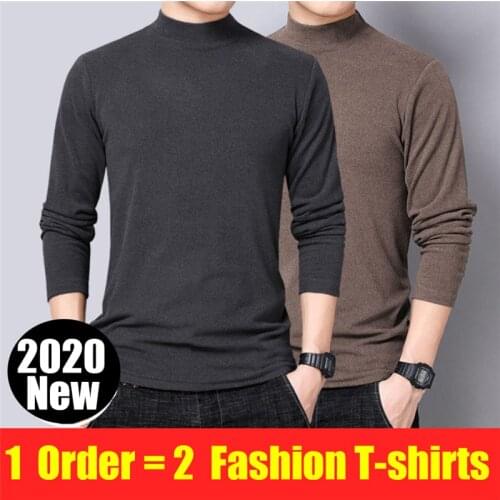 Men Tshirts 2020 Fashion Autumn Winter Keep Warm Pullover Solid Color Long Sleeve Tops Half High Neck Tees Camiseta Para Hombre