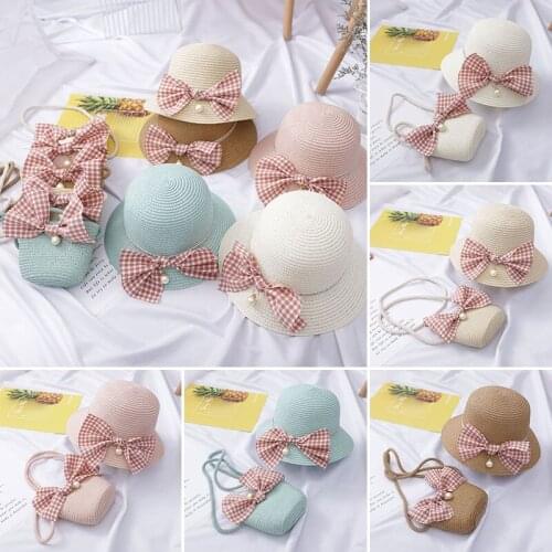 New Summer Children Beach Hats Set Wide Brim Yellow Straw Wide Hat 2-8 old years Childrens Holiday Travel Pink Beach Bags