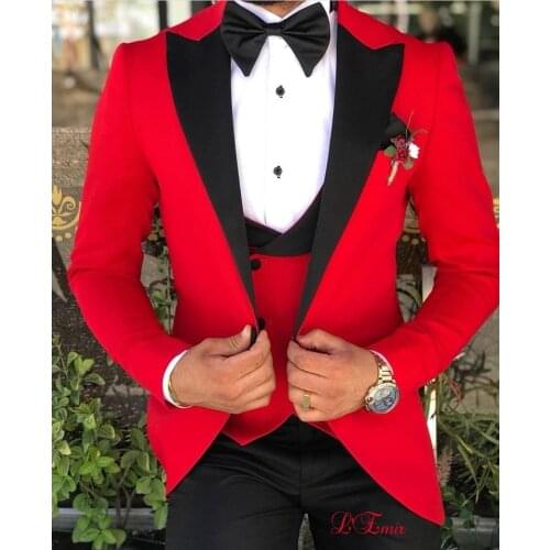 2019 New pink red men suits Mens Suit 3-Piece Peaked Lapel Casual Fashion Groom Tuxedos for Wedding(Blazer+Pants+Vest)