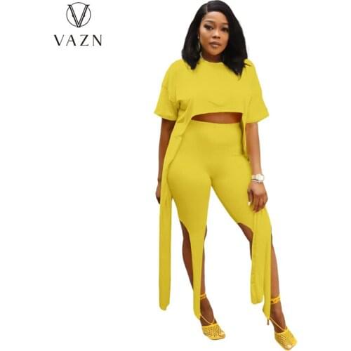 VAZN 2021 New Asymmetrical Sexy Holiday Young Novelty Solid Short Sleeve Top Long Pencil Pants Skinny Women 2 Piece Set