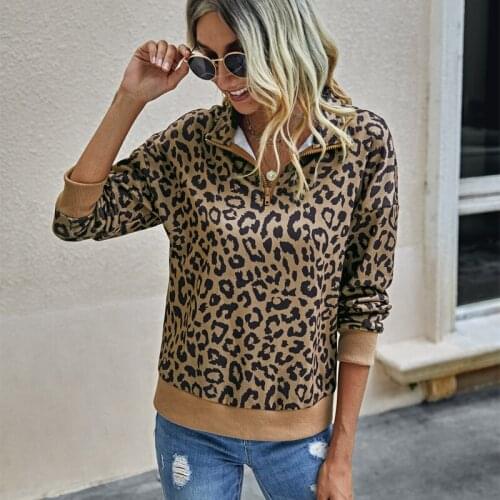 Fall 2020 Fashion Leopard Print High Collar Stitching Zipper Long Sleeve Womens Hoodies Casual Short Standing Collar Pullover