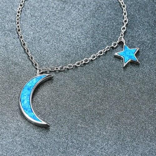 Simple Fashion Blue White Opal Necklace Cute Star Moon Pendant Necklace Vintage Silver Color Chain Necklaces For Women Wedding