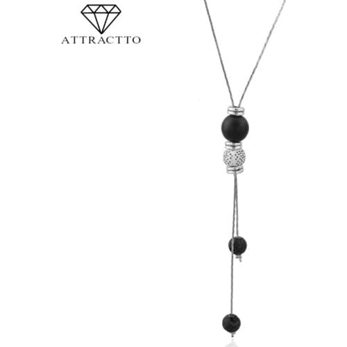 ATTRACTTO Lava Natural Stone Beads Necklaces&Pendants For Women Chain Long Adjustable Necklace Charms Jewelry Necklace SNE190013