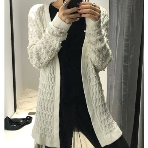Poncho Hot Sale Acrylic Sweater Women Ms. 2019 New Sweater Cardigan Heavy Pearl Beading Luxury Waist And Long Sections Women