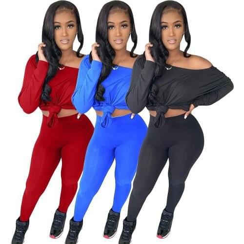 Casual Solid Sportswear Pants Suit Tracksuit Women Jogger Skew Neck Long Sleeve T Shirts Top + Leggings Slim Two Piece Set