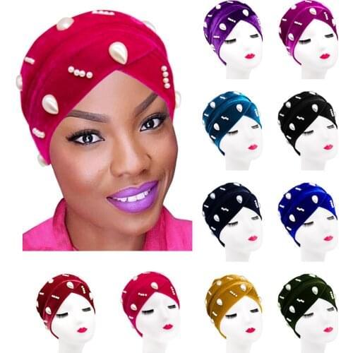 HanXi Luxury Pearl Gold Velvet Turban Hijabs Bonnet with Drill Rhinestone Women Muslim Wrap Head Scarf Warm Chemo Hat for Lady