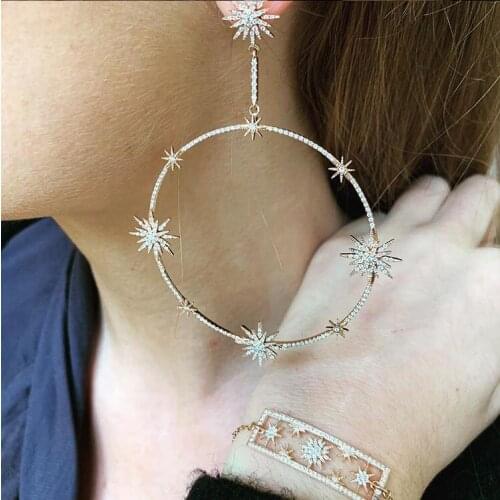 Sparking bling cz hollow starlight starburst dangle dangling earring European Fashion exaggerate Big round Earring for women