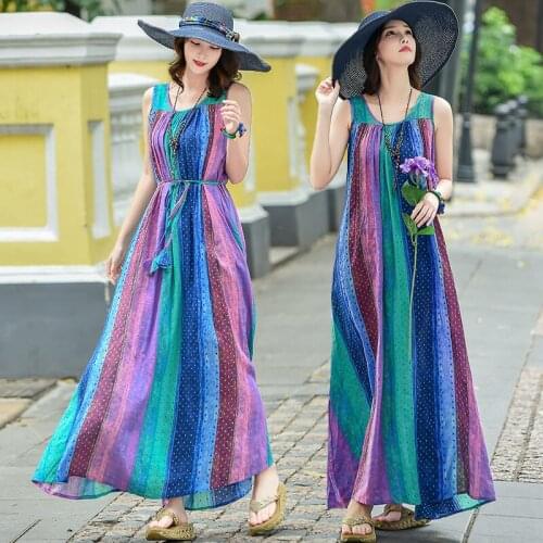 Retro Chinese Style Plus Size Womens Summer Dress 2021 New Loose Stripe Hit Color Female Casual Long Sleeveless Dress aq372