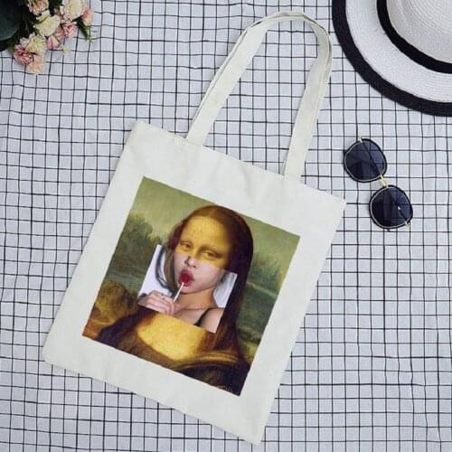 Vintage Mone Lisa Fun Print New Fashion Large Art Capacity Cartoon Summer Shoulder Female Black Bag Canvas Shoulder Bags