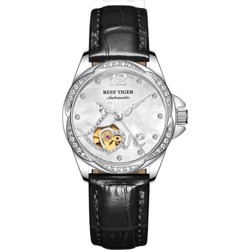 Reef Tiger/RT Luxury Automatic Flower Diamond Women Watch Steel Waterproof Genuine Leather Relogio Feminino Gift RGA1583