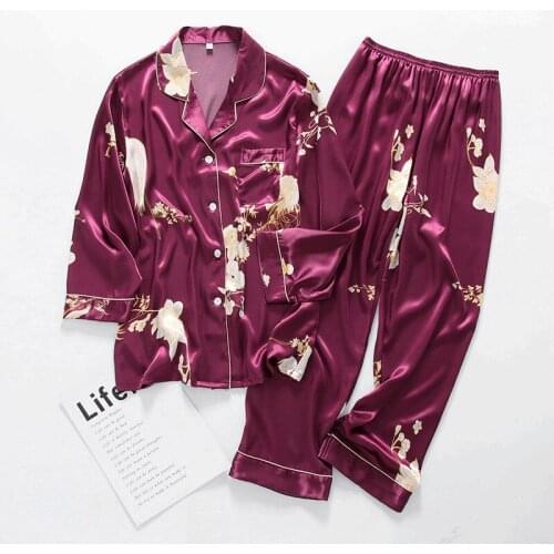 Pajamas Suit Satin Women Loungewear Casual Print Flower Top&Trousers Set Summer New Bathrobe Home Clothes Pyjamas Pour Femme