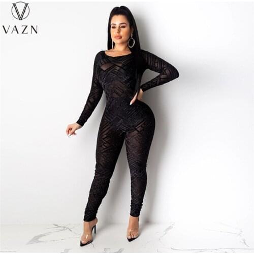 VAZN 2021 Autumn Backless Black Special Hollow Out Sexy Club Full Sleeve Soft Women High Waist Skinny Pencil Jumpsuits