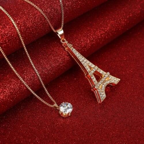 Fashion Romantic Gold Eiffel Tower Crystal Pendant Women Necklaces 2 Multi Layers Snake Chain Long Necklaces Ladies Gifts