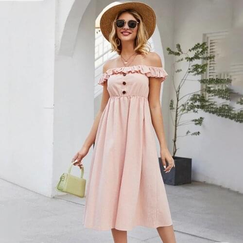 Nice New Summer Ladies Elegant Solid High Waist a Line Dress Women Casual Slash Neck Ruffles Buttons Slim Off The Shoulder Dress