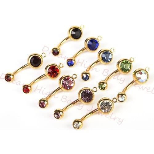 Golden Belly Bar Crystal Navel Button Ring with O ring for Pendant Dangle Gem Color Vacuum Plating Titanium multicolour Fancy