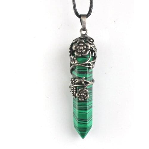 100-Unique Popular Silver Plated Hexagonal Prism Inlay Flower Leaf Malachite Stone Pendant Fashion Jewelry