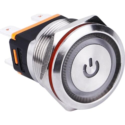 15A 25mm 2NO Waterproof Metal Push Button Switch LED Light Stainless Steel Power Switch