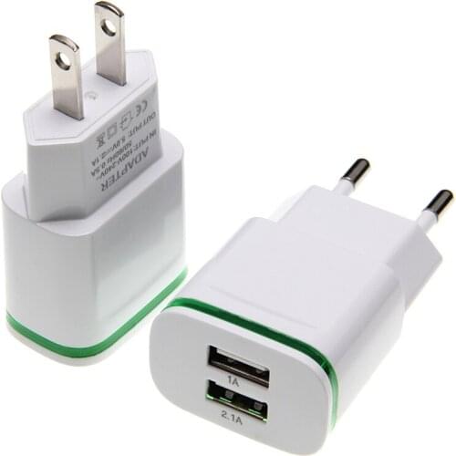 2 USB Ports Adapter Mobile Phone Wall Charger Device Micro Data Charging 5V/2.1A EU/USA Plug LED Light For Smart Devices 100pcs