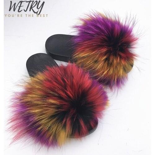 2020 Big Full Fur Slippers Real Fox Hair Slides Beach Slides holiday fox fur Slides for women