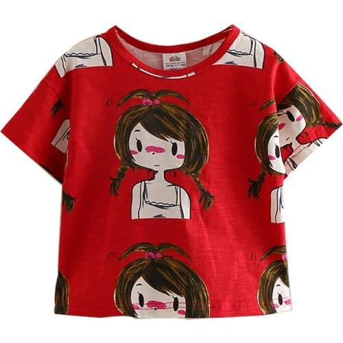 2020 Summer 100% Cotton Red Solid Color Cartoon Girls Print Clothes Short Sleeve O-Neck T-Shirt Girl