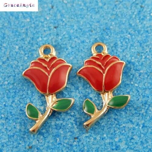5PCS Retro Style Gold Tone Rose Flower Enamel Charms Pendant Fashion Jewelry Finding For Necklace Handmade Hanging 24*12*3mm