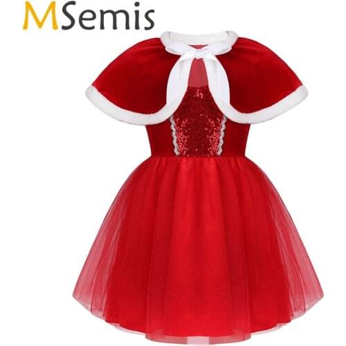Kids Girls Christmas Shiny Sequins Ballet Tutu Dress with Capelet Ice Skating Dress Roller Skating Dress Baton Twirling Costume